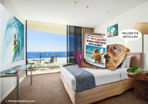 Poster of a quokka in motel reading newspaper